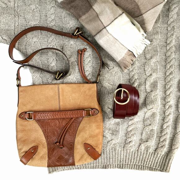 Cole Haan Tan Nubuck & Brown Tooled Leather Crossbody | Heritage Fall Edit NWOT - Picture 11 of 16
